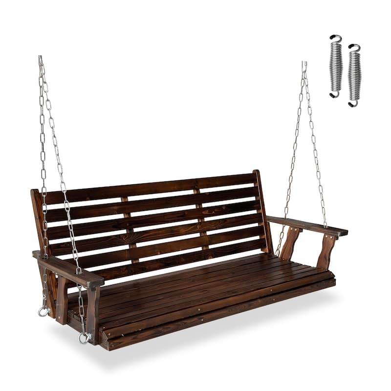Wooden Porch Swing with Hanging Chains and 7mm Springs for Outdoor Patio Garden Yard - 5FT - Deep Brown