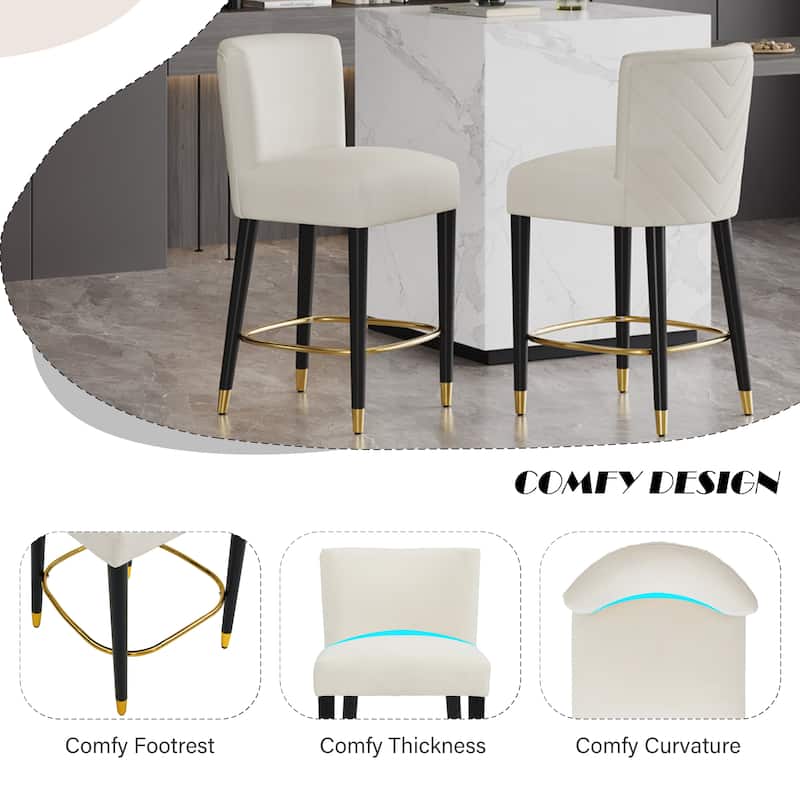 27" Modern Counter Stool with Beige Fabric & Gold Circular Footrest, Sophisticated Luxury Design