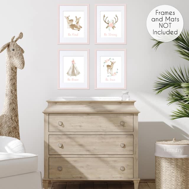 Sweet Jojo Designs Blush Pink Mint Boho Woodland Deer Floral Collection Wall Decor Art Prints (Set of 4) - Be Kind