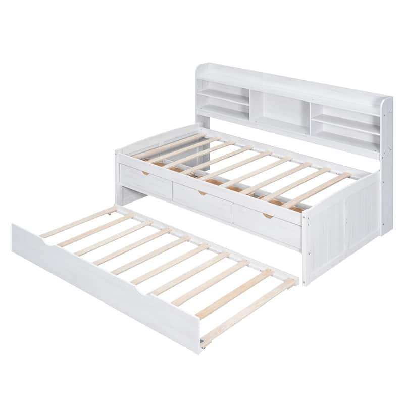 White Twin Pine Captain Bed with Shelves, Drawers & Trundle