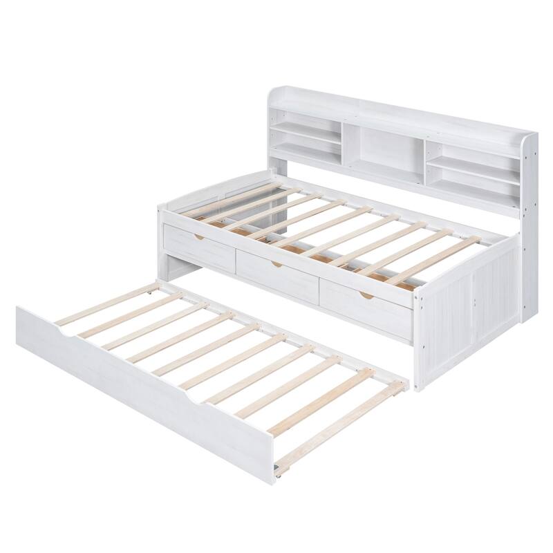 Wooden Bed with Built-in Bookshelves,Three Storage Drawers and Trundle