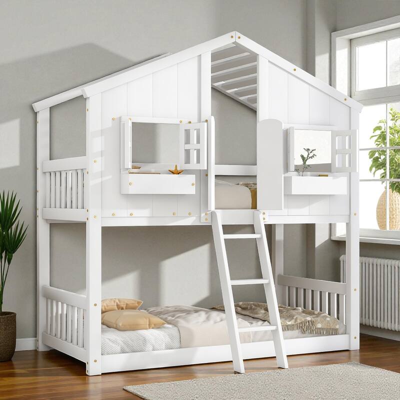 Twin Over Twin Wooden House Bunk Bed with Roof, Windows, Door, and Ladder, Kids Playhouse Bed with Guardrails