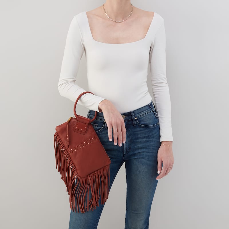 HOBO Sable Fringed Leather Wristlet Clutch - Rust