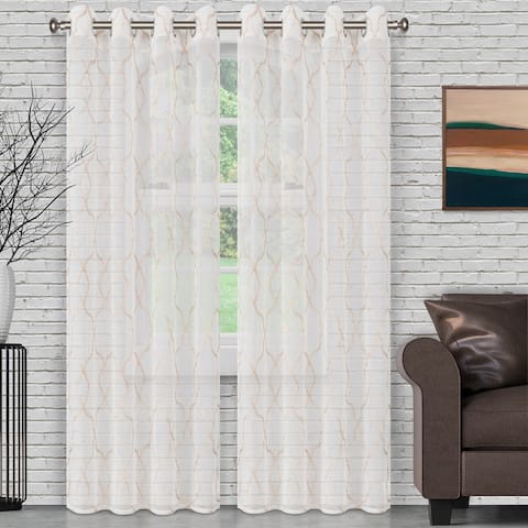 Miranda Haus Modern Geometric Lattice Sheer Curtain Set with 2 Panels