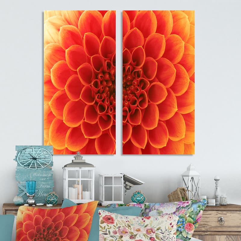 Designart "Orange Abstract Flower Petals" Floral Canvas Wall Art Print 2 Piece Set - 16" W x 32" H x 1" D x 2 Pieces