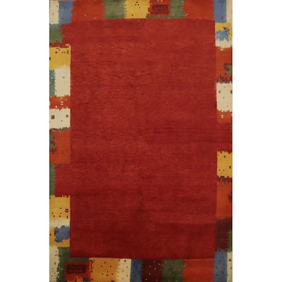 Hand Knotted Oriental 100% Wool Carpet Modern Bordered Red Gabbeh Area Rug - 8' 2'' X 6' 7''