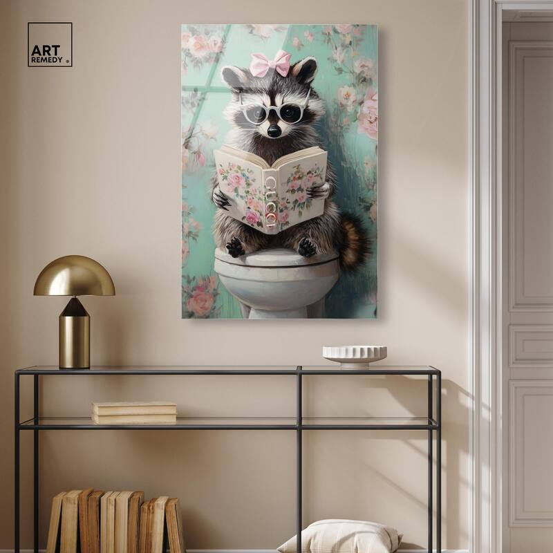 Petite Floral Toilet Raccoon Acrylic by Art Remedy, Ready to Hang