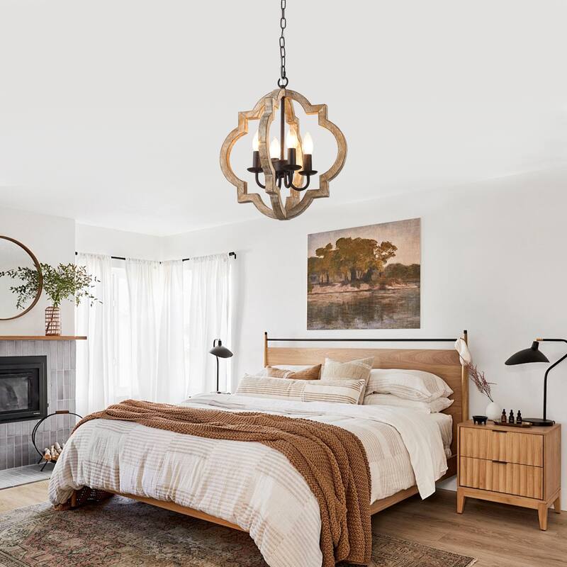 Bella Depot 16" 4-Light Distressed Wood Chandelier Adjustable Pendant Light for Dining Room Bedroom