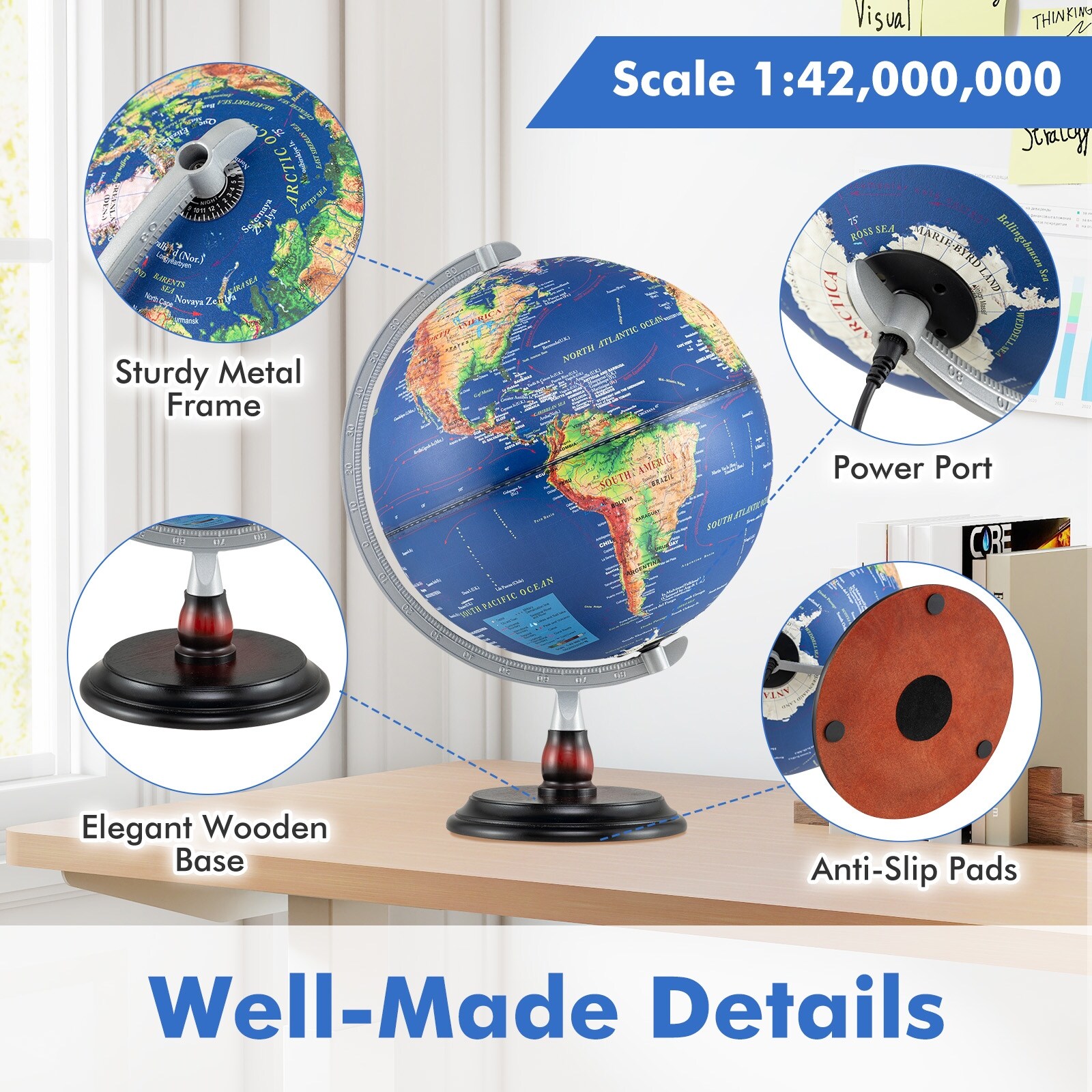 Gymax 12'' Illuminated World Globe w/Raised Relief LED Lights