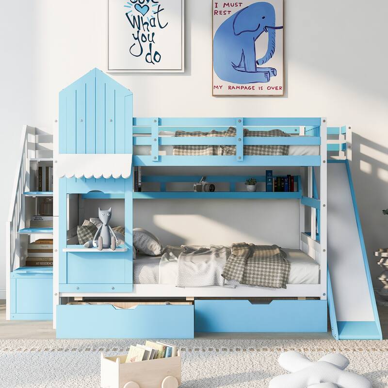 Full-Over-Full Castle Style Bunk Bed with 2 Drawers 3 Shelves and Slide for Kids Teens Adults Space-Saving, Easy Assembly - Blue