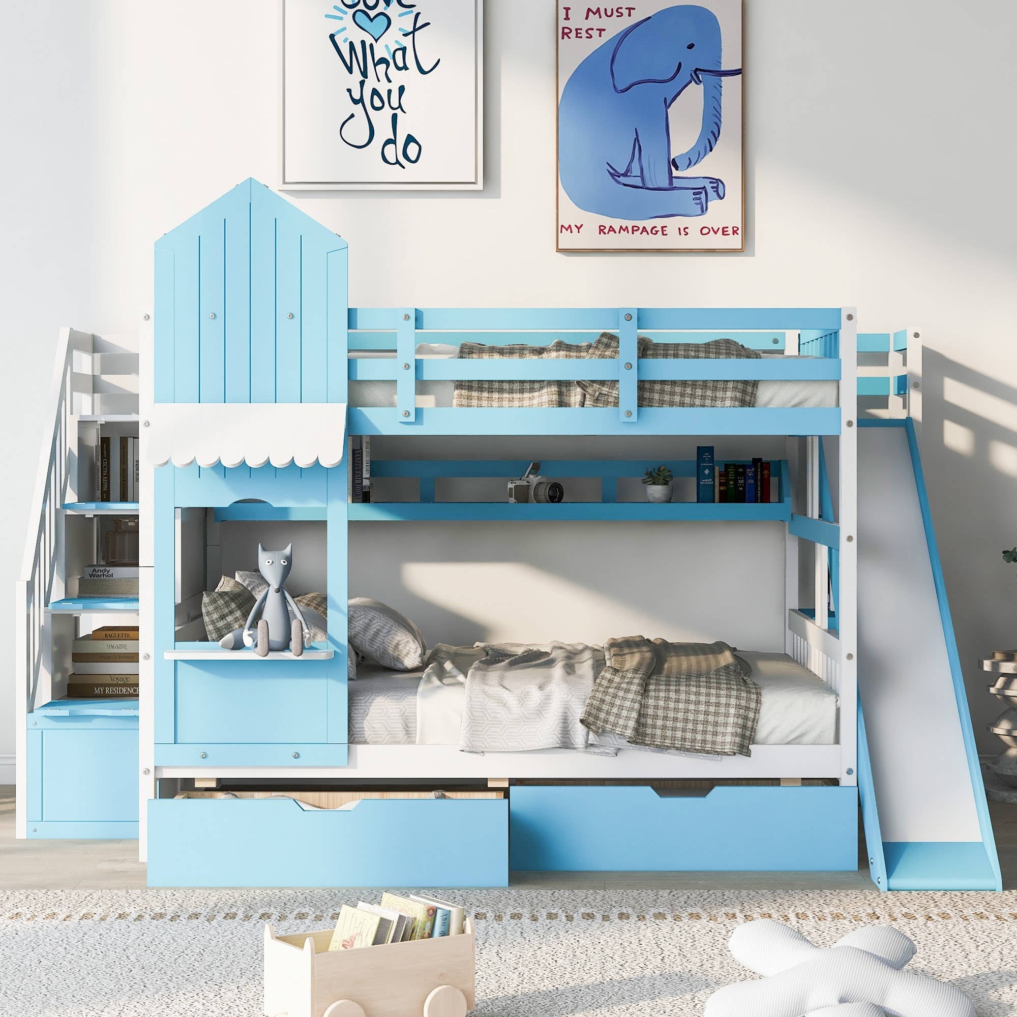 Roomfitters Full Over Full Castle Bunk Bed with Slide and Storage Stairs, Playhouse Design