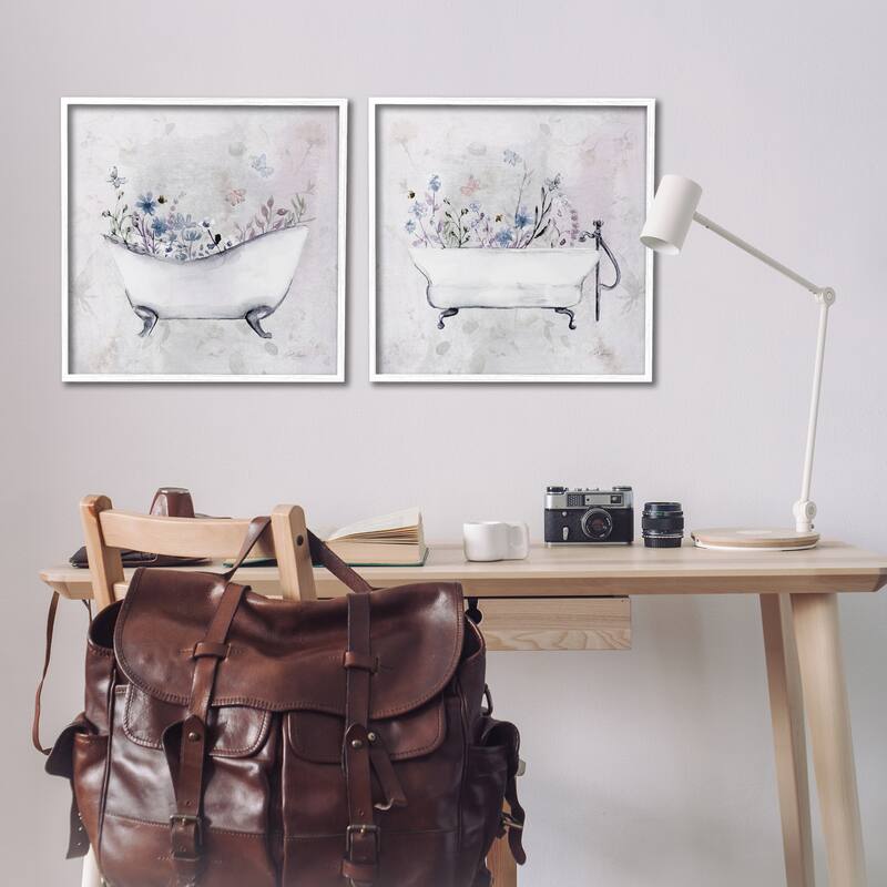 Stupell Antique Tubs with Botanics Framed Giclee Art Design By Stella Chang (Set of 2)
