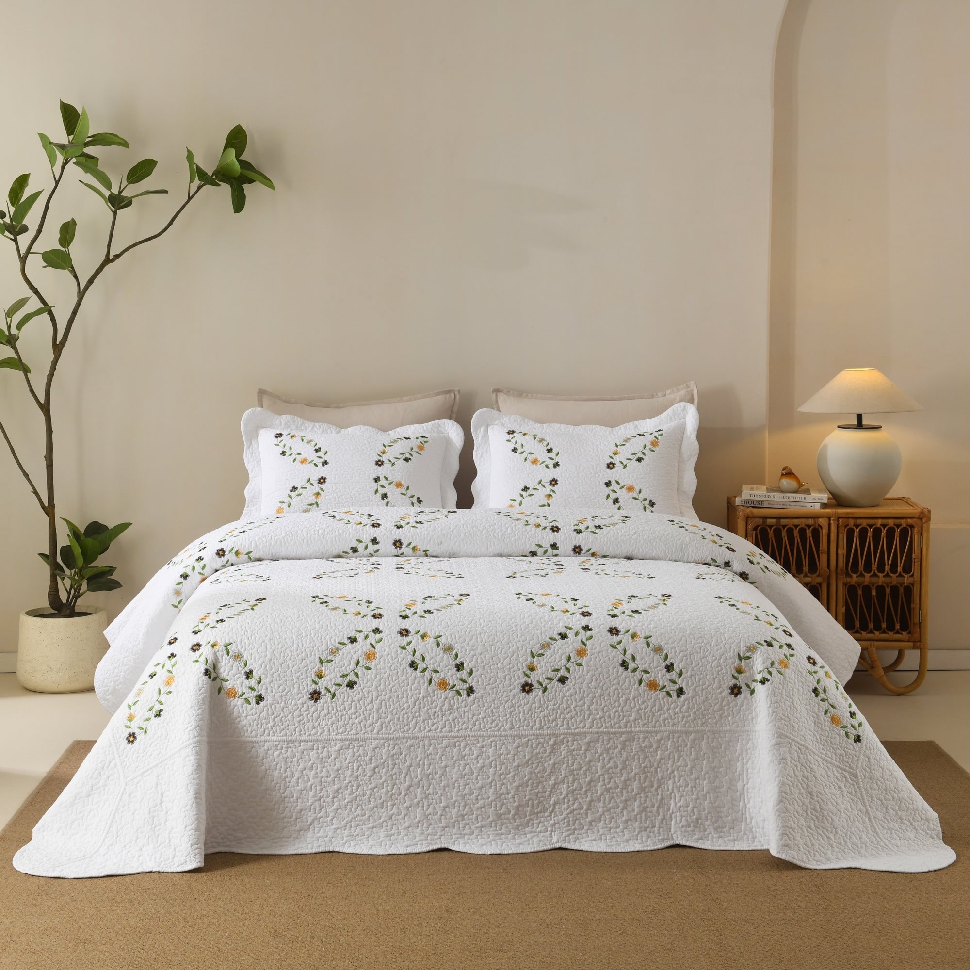 MarCielo White Cotton Yellow Floral Embroidered Quilt Set