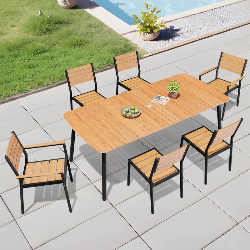 Outdoor 7/9-Piece Patio Dining Set Rectangular Dining Table with Stackable Chairs - Brown - Set of 7 - 81.5 inches