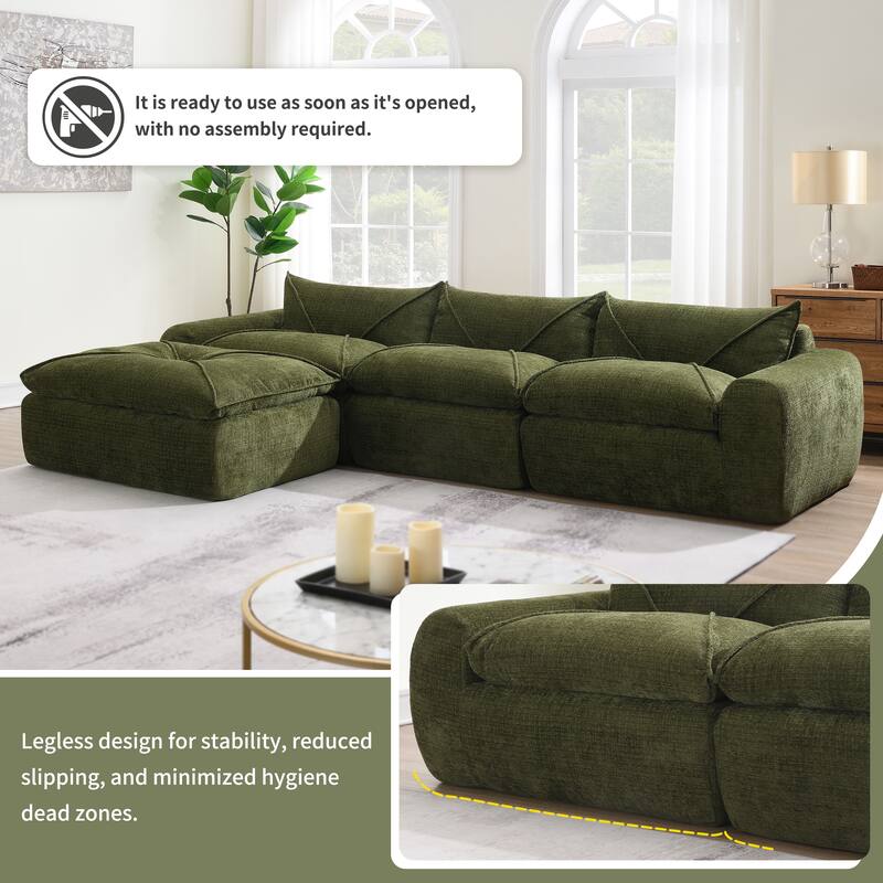 L-Shape Sectional Sofa with Ottoman, Chenille Sofa with Integrated Backrest & Seat Cushion, Fully Compressed Foam 4 Seat Sofa