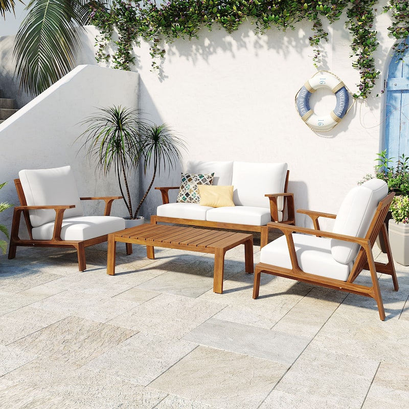 Christopher Knight Home-Doris 4 Piece Outdoor Slat Design Acacia Wood Upholstered Seating Set