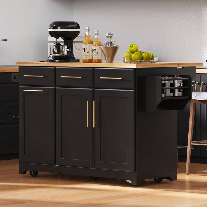 59" Rolling Kitchen Island on Wheels with Trash Can Storage Cabinet, Island Table for Kitchen with Power Outlet, Storage Rack
