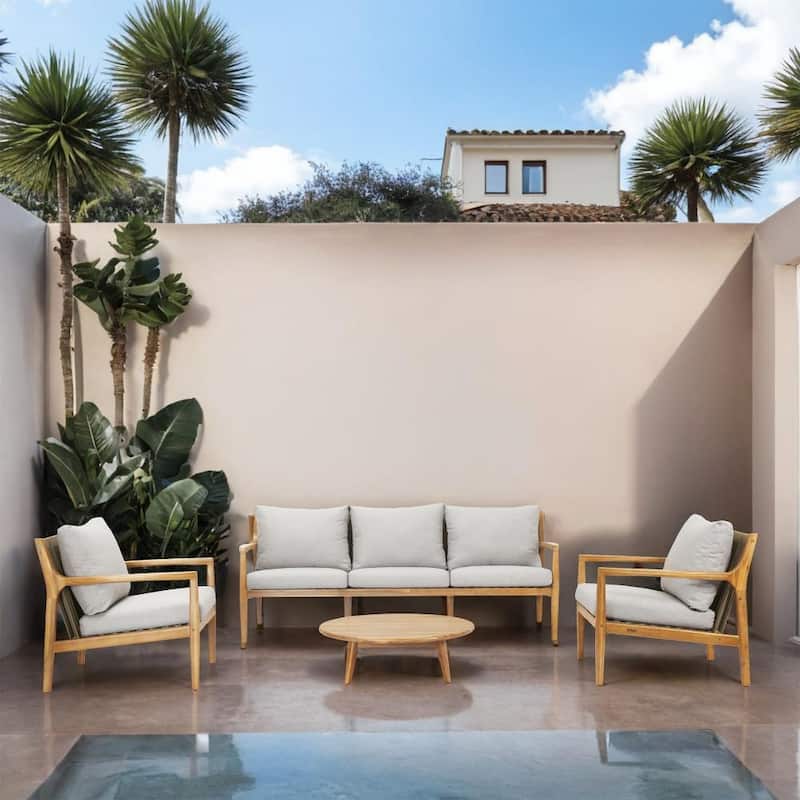 Modern 4-piece Outdoor Acacia Wood Conversation Sofa Set with Removable Waterproof Cushions