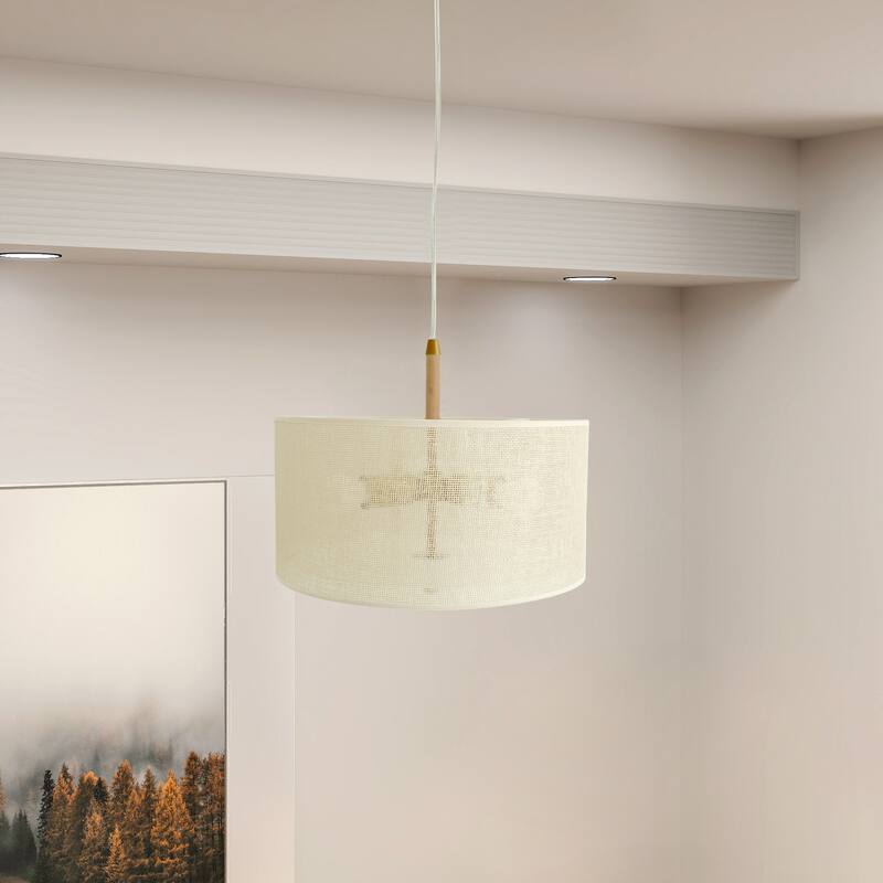 Choi Natural Woven Drum Pendant Light with Wooden Accents - Gold