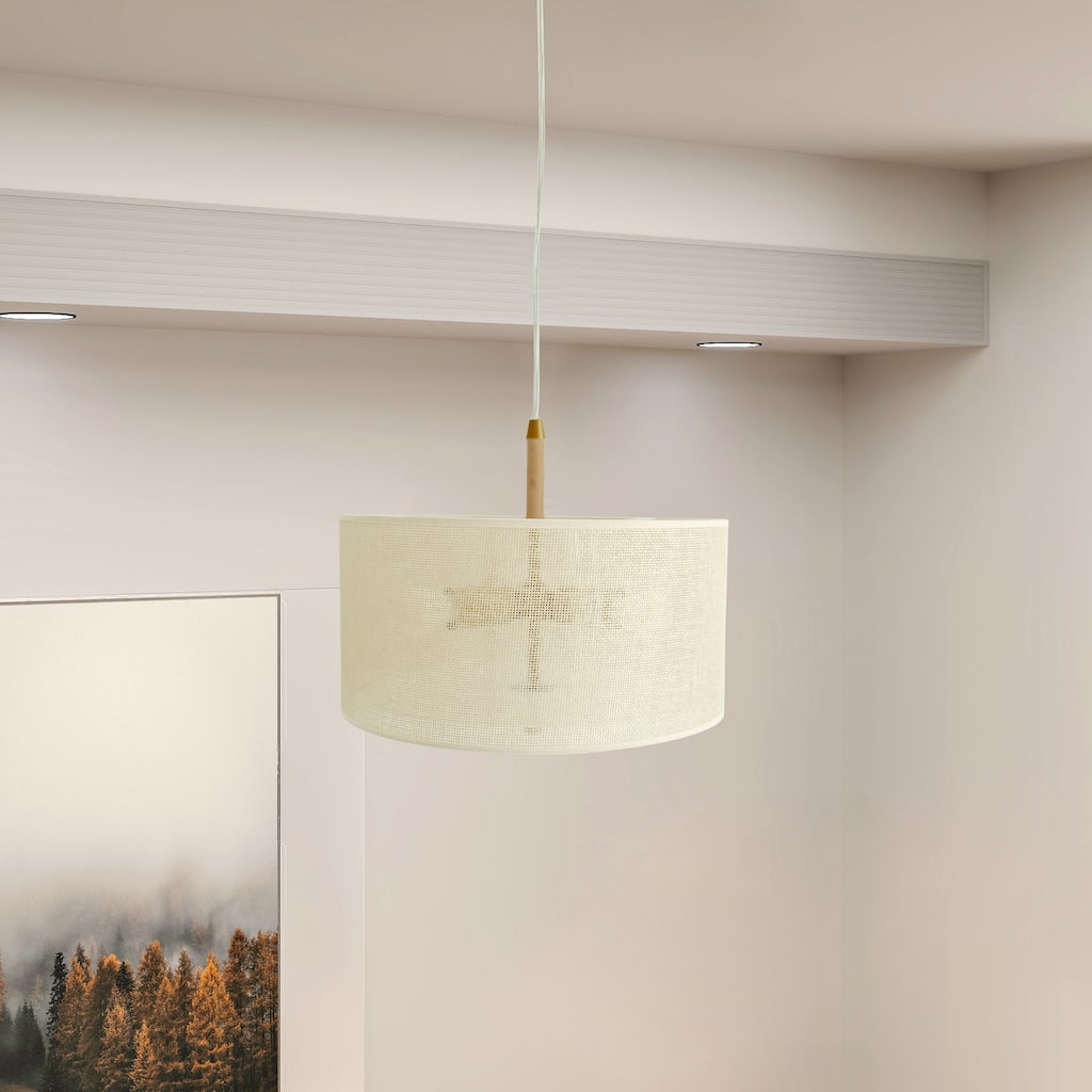 Choi Natural Woven Drum Pendant Light with Wooden Accents