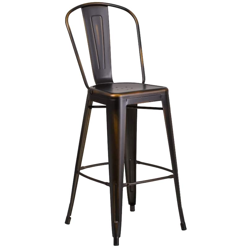 30" High Distressed Metal Indoor-Outdoor Barstool with Back - 18"W x 19"D x 46"H - Copper