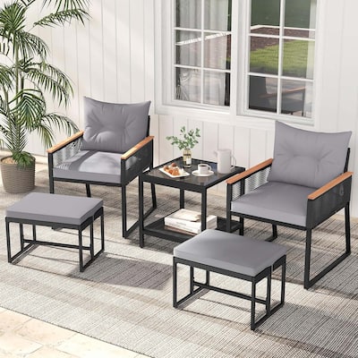 5 PCS Patio Conversation Set PE Rattan Wicker Chairs w/ Cushions