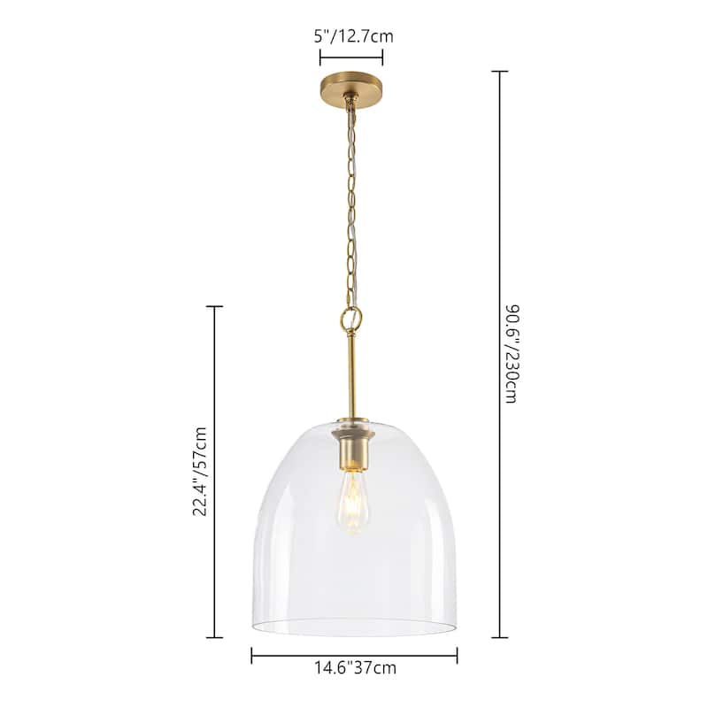 1-Light 14.6" Modern Brushed Brass Bell-Shaped Dome Clear Glass Pendant Light for Kitchen Island