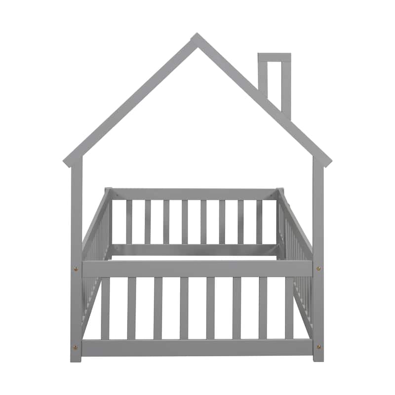 Twin House-Shaped Headboard Floor Bed with Fence