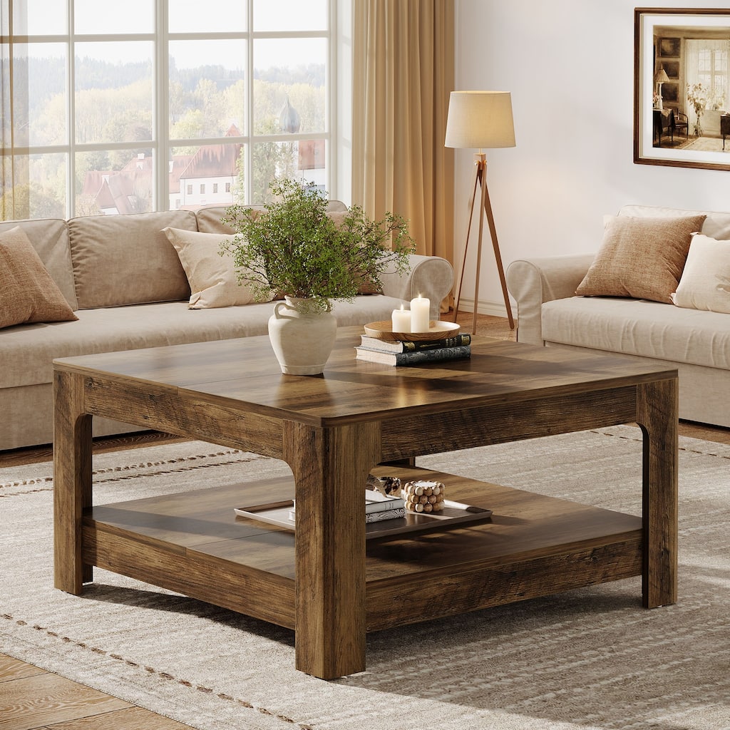 Farmhouse Wooden Square Coffee Table with 2-Tier Storage