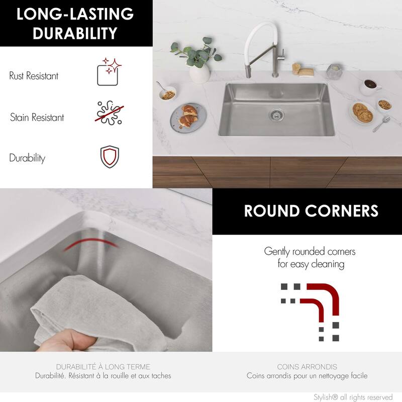 Stylish Dual Mount 30" Stainless Steel Single-Bowl Kitchen Sink S-411 - 30" x 18" x 9"