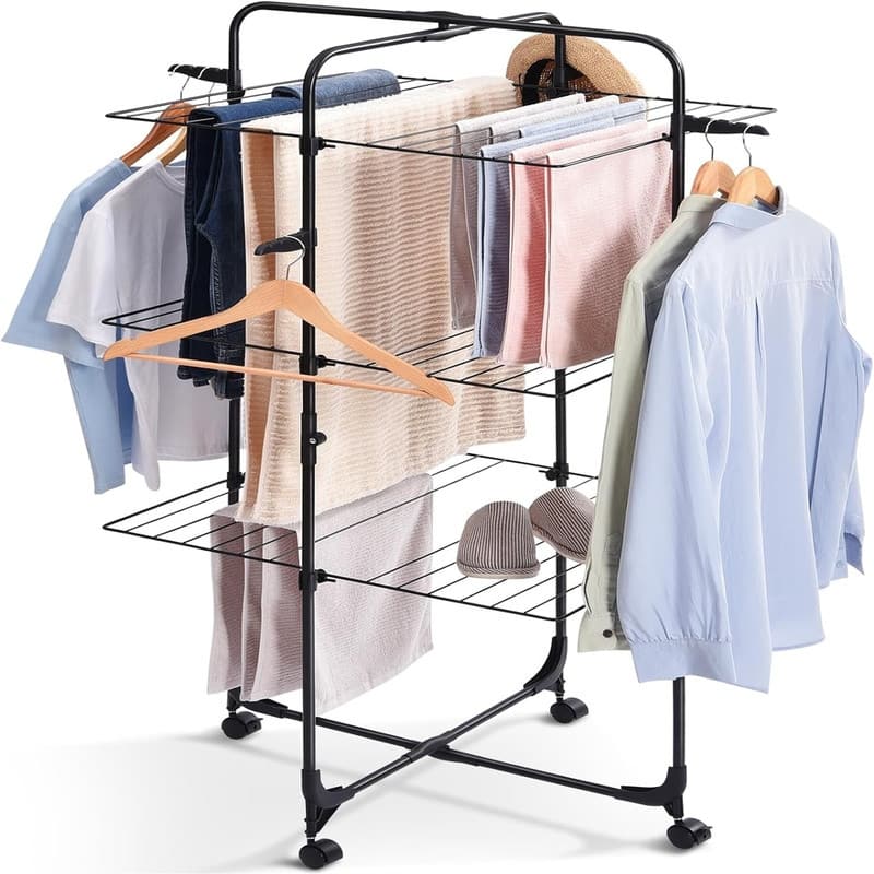 Drying Rack Clothing, 3-Tier Collapsible Clothes Drying Rack with Wheels - 23.6"D x 27.2"W x 54"H