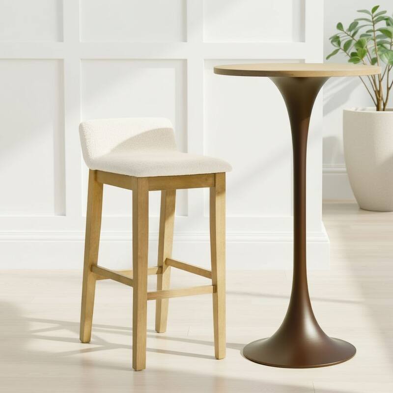 Annikah Low-Back Boucle Bar Stool, Counter Height Kitchen Barstool with Wood Legs