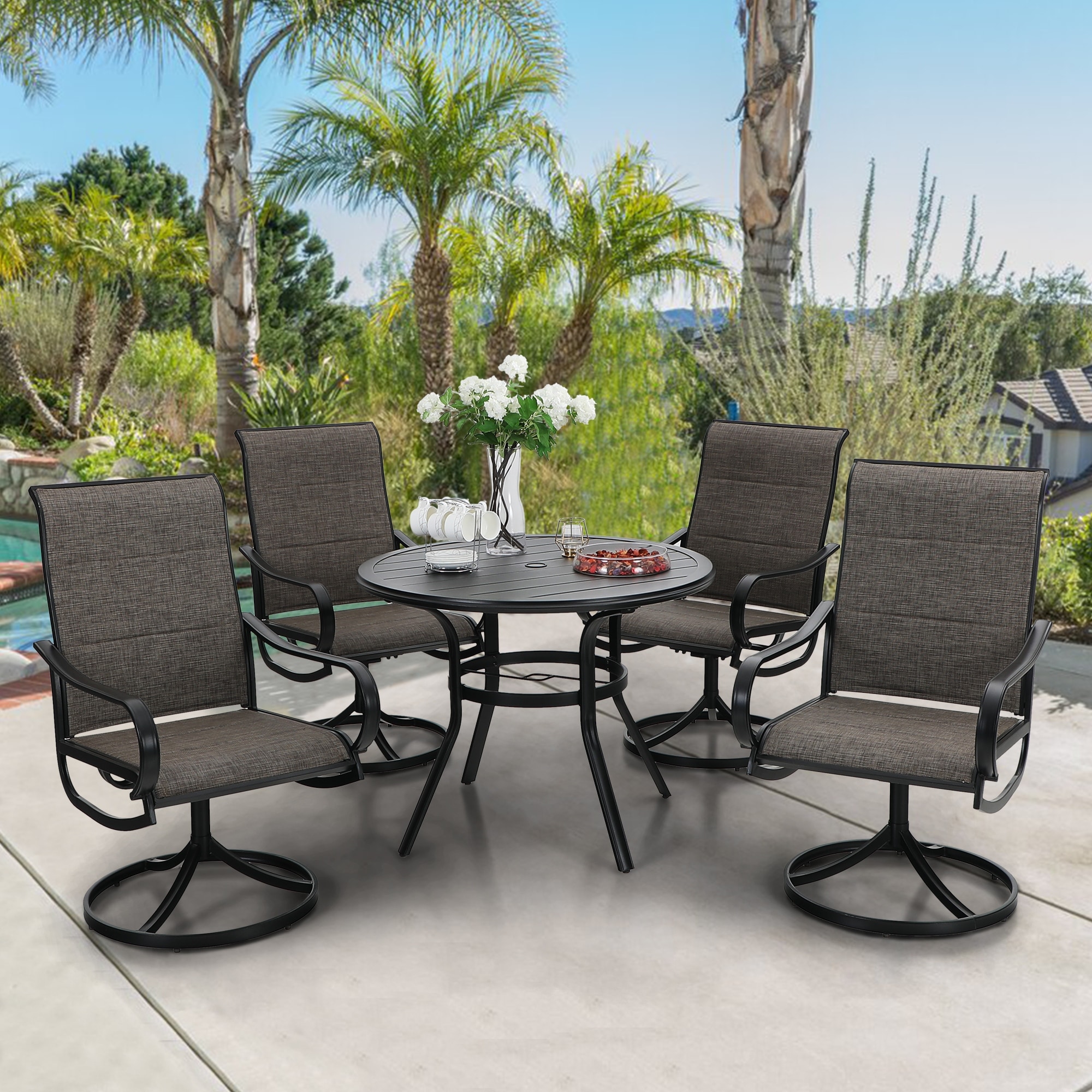 5 piece Round Patio Dining Set with Padded Sling Swivel Chairs