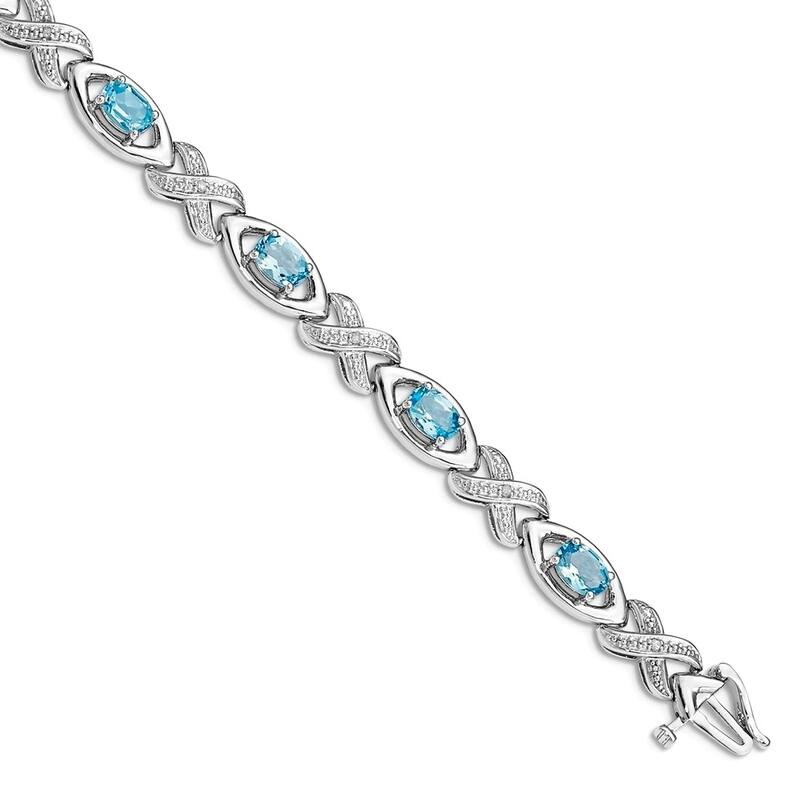 Curata 925 Sterling Silver 7" 6mm Light Swiss Blue Topaz or Amethyst and Diamond Bracelet - Blue Topaz - White