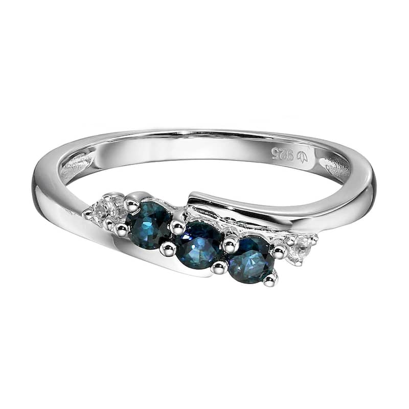 925 Sterling Silver Indian Blue Sapphire and Created White Sapphire Ring