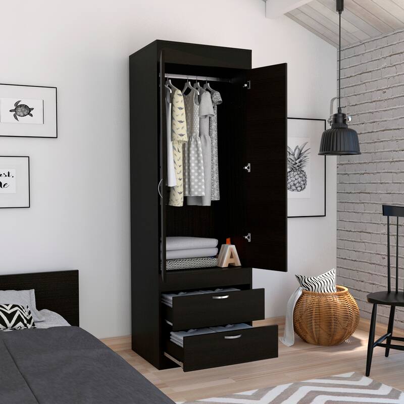 Versatile Wardrobe Armoire Closet Storage Cabinet with Double Doors, Two Drawers, and Hanging Rod - Elegant and Space-Saving
