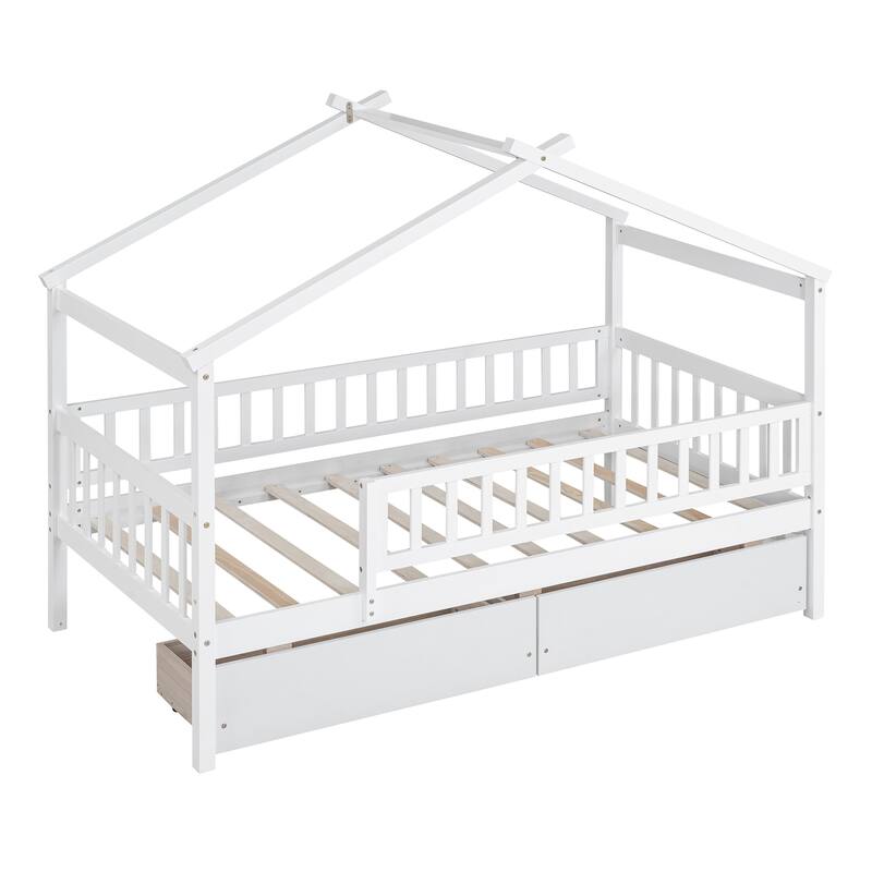 Playhouse Bed with Fence & Roof for Kids, Teens, Boys or Girls, Wooden Storage Bed Frame with Two Drawers, No Box Spring Needed