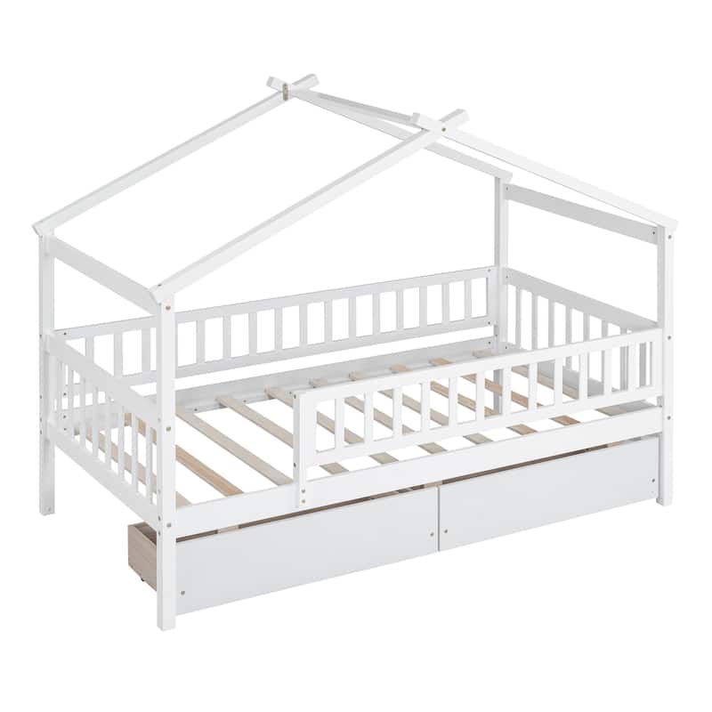 Twin Size Solid Pine Wood House Bed with Two Storage Drawers
