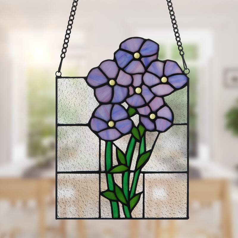 River of Goods Forget Me Nots in Bloom River of Goods Purple, Clear and Green Stained Glass Window Panel - 7.5" x 0.25" x 10"
