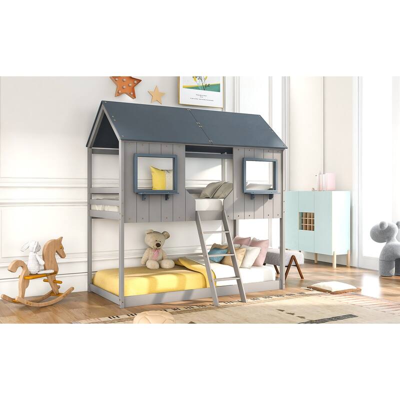 Playhouse Design Twin Over Twin Bunk Bed, Full-Length Guardrails
