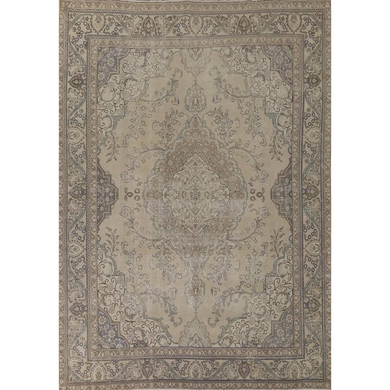 Distressed Tabriz Vintage Persian Rug Hand-Knotted Beige Wool Carpet - 9'6" x 12'8"