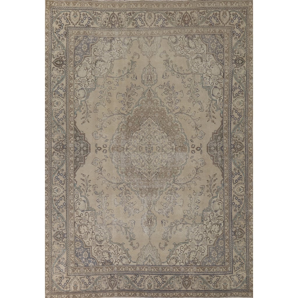 Distressed Tabriz Vintage Persian Rug Hand-Knotted Beige Wool Carpet - 9'6" x 12'8"