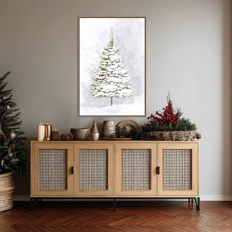Lone fir in the snow by Rosana Laiz Blursbyai Framed Canvas Wall Art Print - Sylvie Beaded Dark Gold