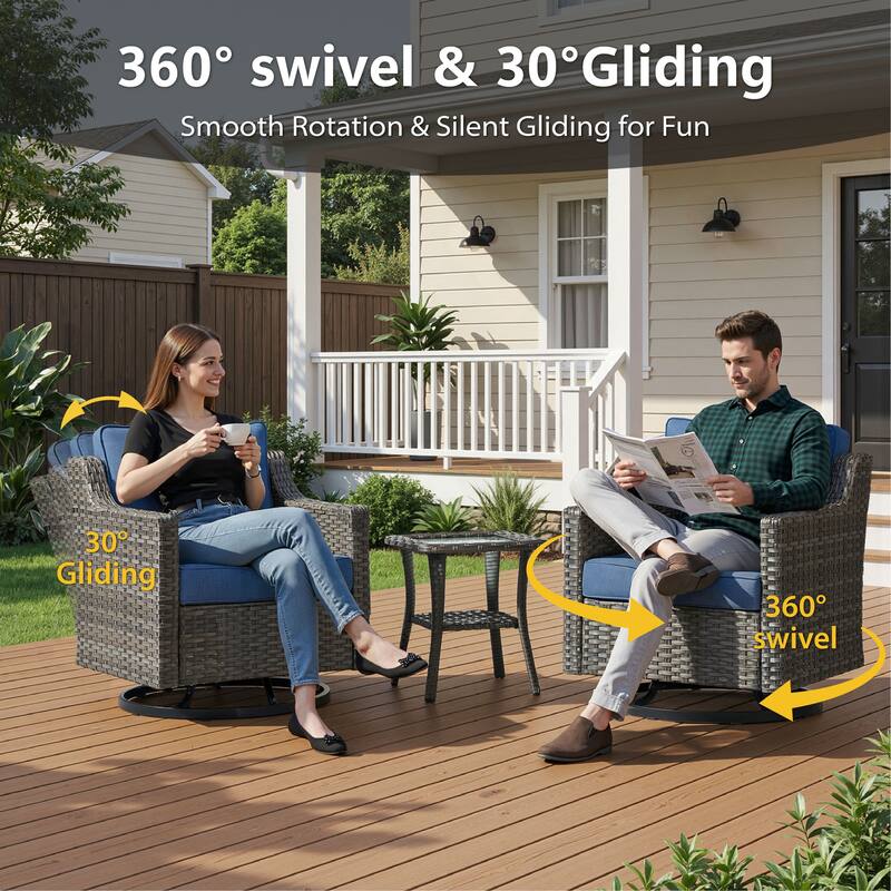 Meyreso Gray Wicker Outdoor Swivel Glider Chairs with 4-Inch Thick Cushions (2-Pack)