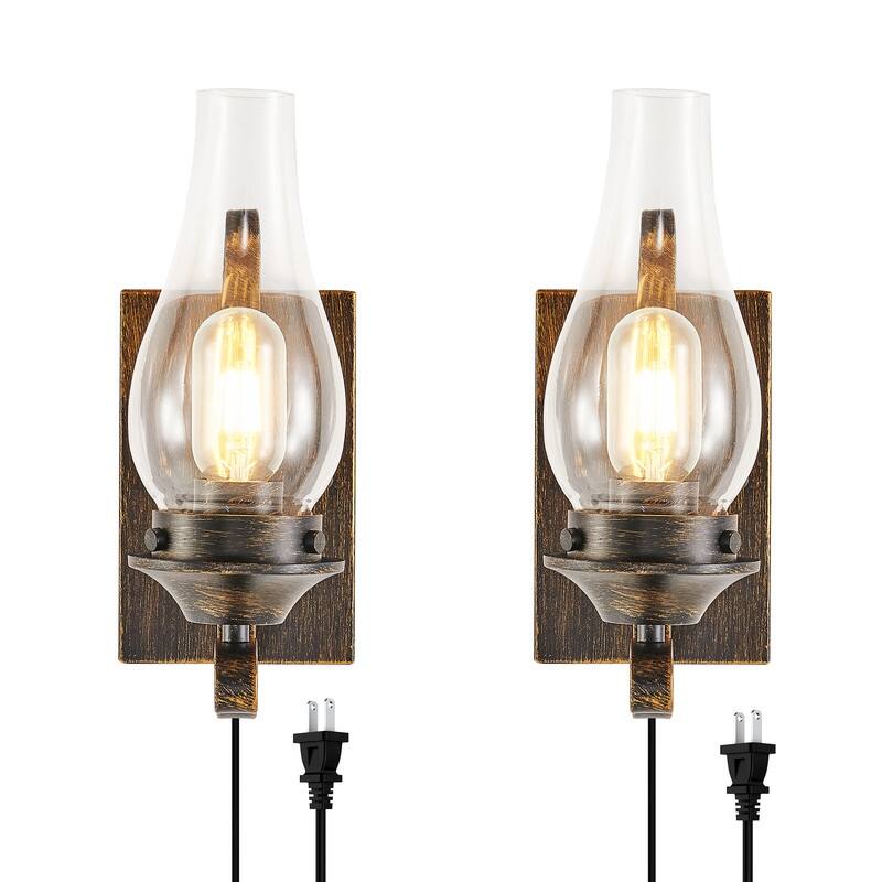 Vintage Plug-in Wall Sconces Set of 2 Rustic Farmhouse Lights for Bedroom, Living Room, or Hallway (No Bulbs) - N/A