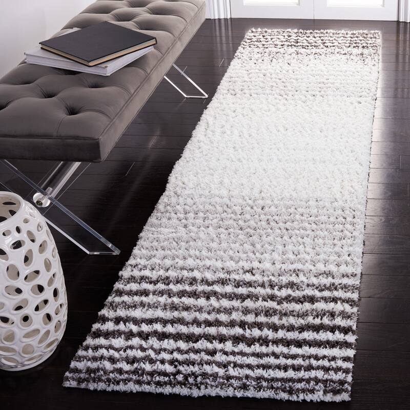 SAFAVIEH Berber Shag Iovica Stripe 1.25-inch Thick Rug - 2'3" x 8' Runner - Ivory/Grey