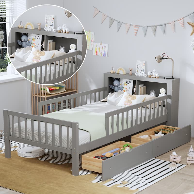 Twin Size Bed with Headboard Storage, Under-Bed Drawers & Safety Guardrails,Gray