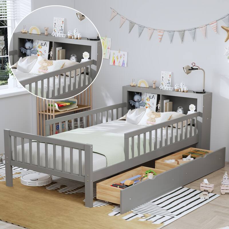 Twin Wood Storage Bed with 3-Side Guardrails, Underbed Drawers & Headboard Storage