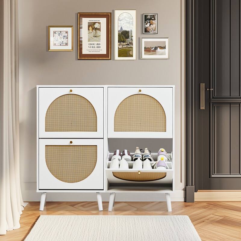 Rattan Shoe Cabinet with 2 / 4 Flip Drawers, Narrow Shoe Storage Cabinet,Organizer for Entryway, Bedroom, Living Room