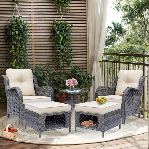 Outdoor Patio Furniture-Gray Wicker Armchair with Storage Ottoman